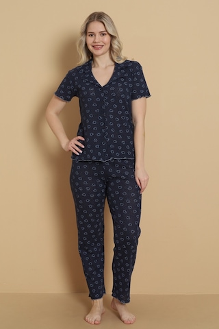 Wordex Mirano 1711 Kalp Desenli Pointel İnce Kumaş Düğmeli Kısa Kollu Kadın Pijama Takımı Lacivert