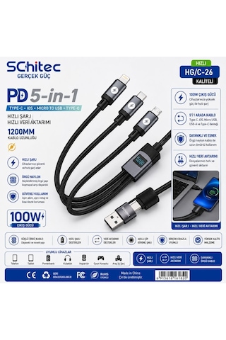 Schitec 5in1 100w Dijital Göstergeli Type-c Ve Usba Girişli Micro Type-c Lightning Çıkışlı Hızlı Şarj Ve Data Kablosu 1.2m Hg/c-26