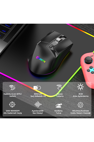Mkespn W13 Dual Mode Gaming Mouse 10000 Dpı 10 Tuş 1000hz Rgb - Siyah