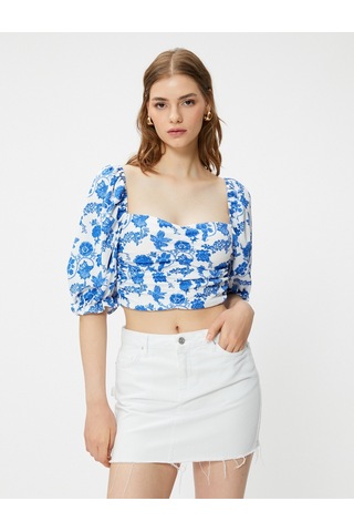 Koton Crop Bluz Kalp Yaka Gipeli Mavi Desenli 3sak80180ek