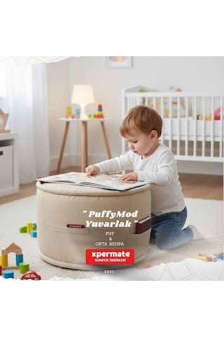 Dekoratif Yuvarlak Puf Orta Sehpa Puf 60x42 Cm Puffymod Bej