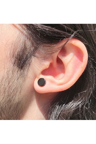 8mm Siyah Düz Küpe Yuvarlak Mıknatıslı Unisex 1 Çift Deliksiz Manyetik Çelik