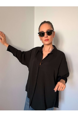 Ali Butik Siyah Gizli Düğmeli Oversize Saten Gömlek Siyah