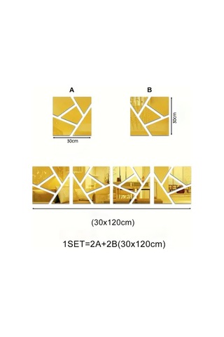 Geometrik Desenli Pleksi Ayna 30x30cm 4 Adet - Gold Gold