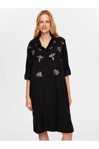 Faik Sönmez Boncuk İşi Nakışlı Uzun Kollu Kadın Gömlek Elbise Uw26elb014 Siyah