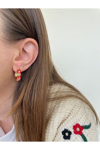Renkli Kırmızı Çiçek Desenli Gold Kararmaz Çelik Halka Küpe Gold