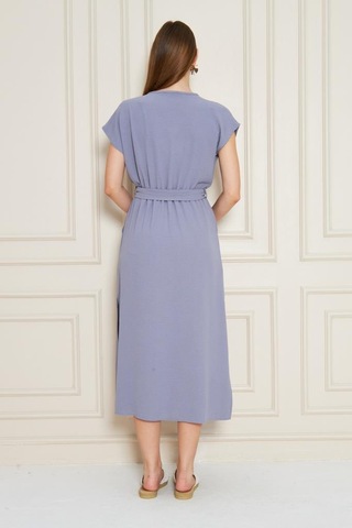 Kadın Kruvaze Yaka Cepli Derin Yırtmaçlı Beli Lastikli Aerobin Günlük Yazlık Elbise 3764341 Gri