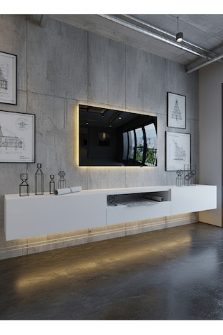 Resital Ledli Duvara Monte Tv Sehpası - Beyaz - W6016-1 Beyaz