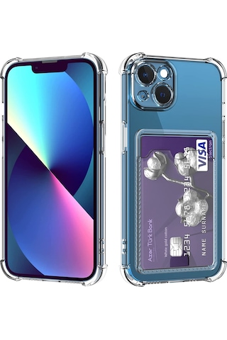 Apple Uyumlu iPhone 13 Kapak Kamera Korumalı Kartlıklı Darbe Emici Özellikli Şeffaf Silikon Kılıf