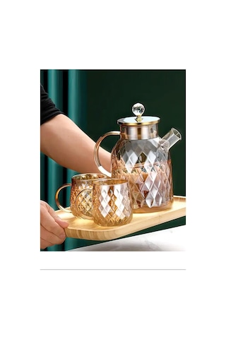 Kabartmalı Bambu Kapaklı Borosilikat Cam Demlik 1500ml Royaleks-cm-2005 Altın
