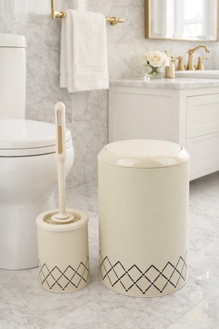 Geometrik Zikzak Desenli 2'li Banyo Seti Krem