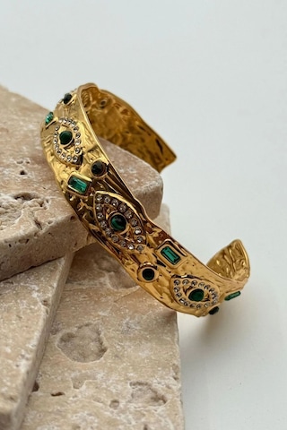 Gold Vintage Yeşil Taşlı Göz Çelik Kelepçe Bileklik Gold