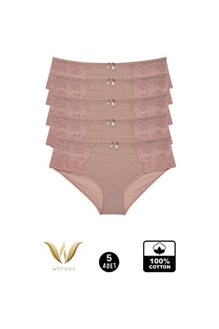 Wcreas Yanları Dantelli Pamuklu Kadın Bato Külot, 5'li Paket Pamuklu Yumuşak Kumaş Dantelli Külot Vizon
