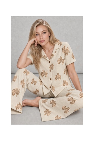 Fit Women Kadın Kısa Kol Desenli Ekru Pijama Takımı 4739
