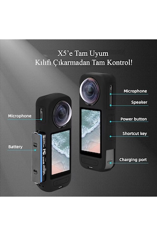 Insta360 X5 Aksesuar Seti - Silikon Kılıf + Lens Cap + Ekran Koru Siyah