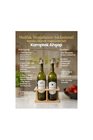 Bambu Standlı Mutfak Yağdanlık Seti - Zeytinyağı & Ayçiçek Yağı Cam Şişeli Mutfak Seti