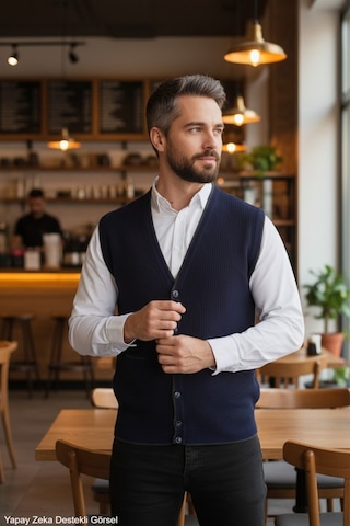 Kamalı Lacivert Erkek V Yaka Triko Düğmeli Cepli Çizgi Desenli Regular Fit Tüylenmeyen Örgü Yelek Lacivert