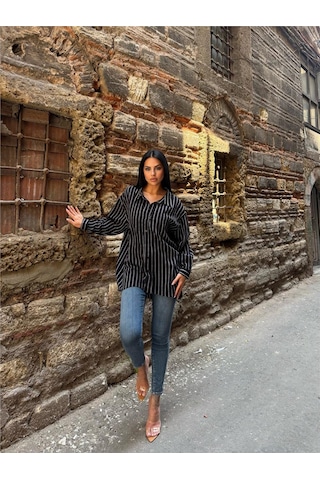 WeShaya Siyah Çizgili Oversize Pamuklu Düğmeli Gömlek Siyah