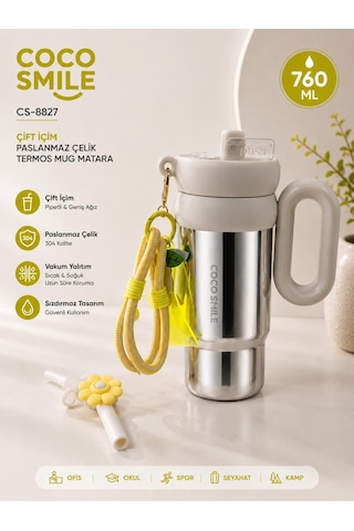 Cocosmile Cs-8827 Krem Bej 760 Ml Çift İçim Paslanmaz Çelik Termos Mug Matara Askılı