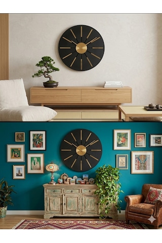 Dekoratif Ahşap Duvar Saati Ahşap Siyah Mdf Üzeri Gold Pleksi Mobilya Renk Desenli Hediyelik Sessiz Duvar Saati 45 Cm Gold - Siyah