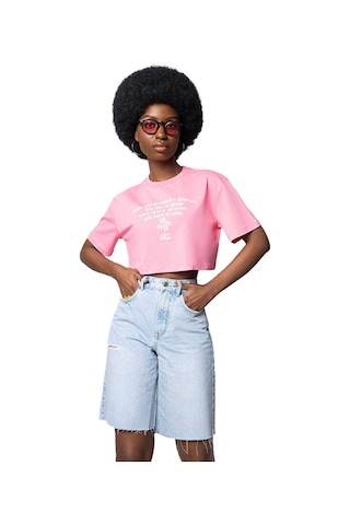 Long Crop Kadın Tshirt K.kol Pembe