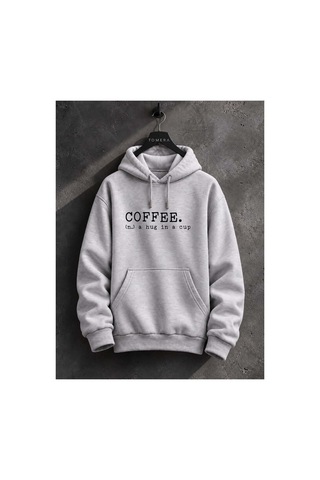 North Whiskers Coffee Yazı Baskılı Unisex Hoodie Kahve Severlere Özel Kapüşonlu Sweatshirt Gri - 930743644 Gri - 930743644 Gri