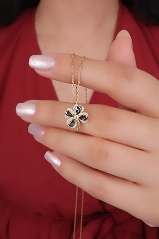Encili Silver 925 Ayar Gümüş Mistik Topaz Taşlı Yonca Model Gold Renk Kadın Kolye Gold