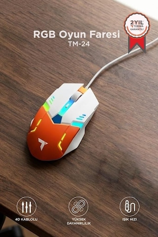 Özel Seri Oyuncu Mouse Rgb Aydınlatma Tm24 Beyaz Oyun Donanımı Çalışma Masası