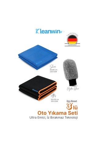 3 Lü Premium Araç Temizlik Seti Atlas Kurulama Bezi, Shine Cam Bezi, Hydroglove Eldiven
