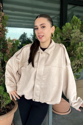 Prifaldi Premium Oversize Bej Süet Bomber Ceket