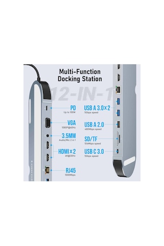 Lemorele Tc28, 12 İn 1 Type-c Hub Dock Ve Laptop Standı - 3 Ekran Destekli, 2x 4k Hdmı 1x Vga Rj45 Ethernet