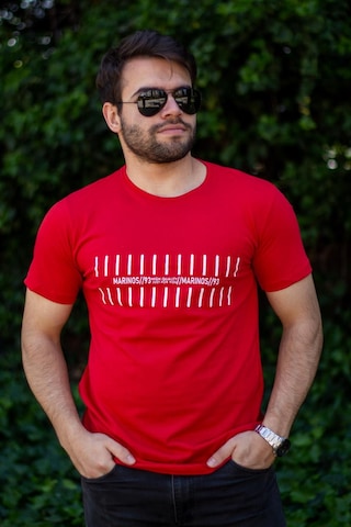 Erkek Kırmızı Çizgi Baskılı Normal Kesim Bisiklet Yaka Erkek Tişört 22etshmros 001