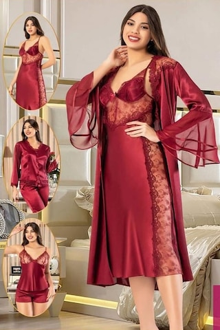 Xses 1005 Kadın Bordo Dantelli Saten 6 Lı Takım Bordo