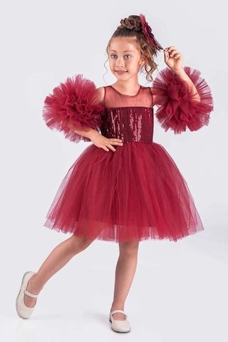 Kız Çocuk Abiye Elbise Ponpon Kol Pul Payetli Tütülü Bordo