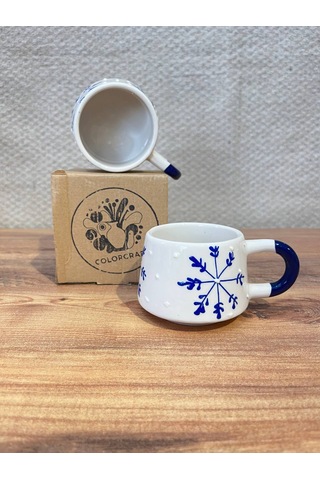 Mavi Ok Desenli El Yapımı Seramik Kupa, Mug, Türk Kahvesi