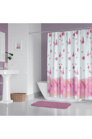 Banyo Perdesi 6020 1x180x200, Perde Borusu Askı Aparatı Köşe Boru Pembe Hediyeli, Duş Perdesi Seti Pembe