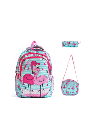 Beslenmeli Kalemlikli Yeşil Flamingo Okul Çanta Seti