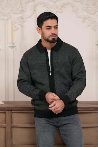 Woolen World Polo Yaka Fermuar Kapamalı Klasik Kesim Astarlı Desenli Çelik Örgü Hırka Antrasit