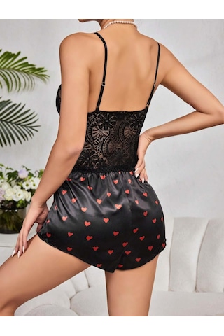 Motto10 Butik Kadın Siyah Kırmızı Kalp Desenli Saten Şort Pijama Takımı 2232