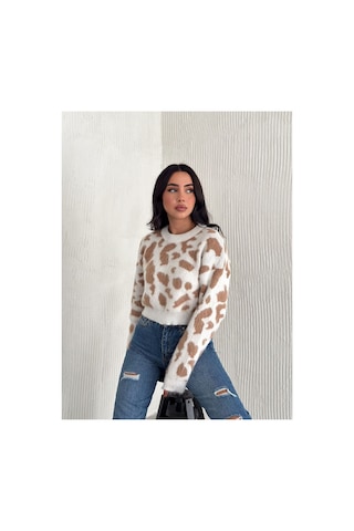 Wellway Leopar Desen Triko Crop Model Bisiklet Yaka Kazak Bej Bej