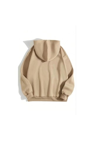 Mbb E-ticaret Kadın Kapüşonlu Kanguru Cepli 3 İplik Pamuklu Düz Hoodie Sweatshirt - Bej