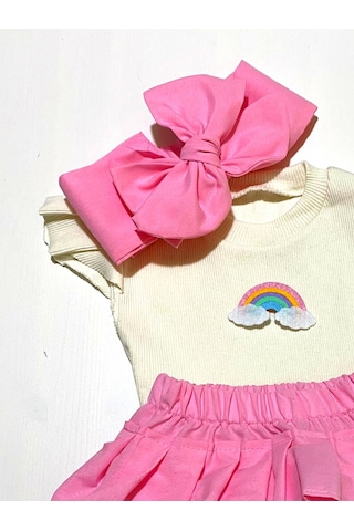 Özge Başaran Popüler Kız Bebek Pembe Fırfır Şortlu Etek, Kolsuz Bluz, Diz Altı Çorap Ve Fiyonklu Pembe