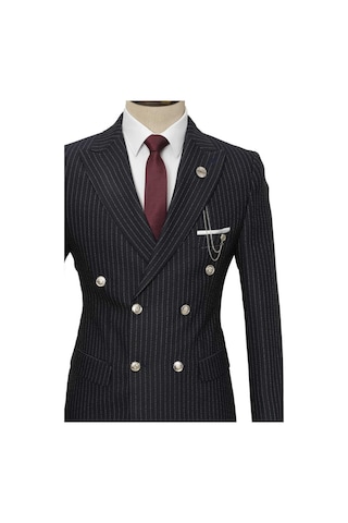 Beystil Sivri Yaka Siyah Çizgili Kruvaze Takım Elbise Togo036 - Slim Fit Siyah