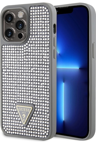 Apple Uyumlu iPhone 14 Pro Max Kılıf Guess Lisanslı Taşlı Arka Yüzey Üçgen Logolu Kapak Gümüş