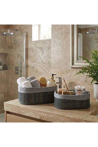 İbico İ22-331 Bambu Kenarlı Oval Organizer Sepet 2'li Set - Gri Bezli Ahşap Altlıklı