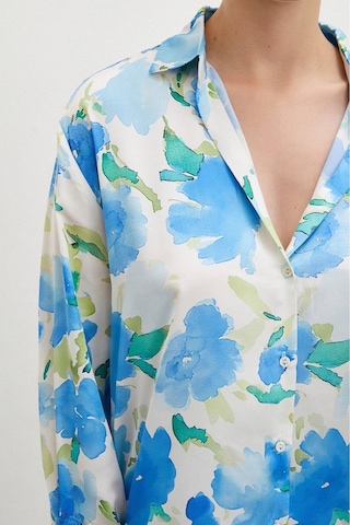 Kadın Uzun Kol Desenli Renkli Pamuk Saten Premium Kalite Spor Şık Gömlek Mavi