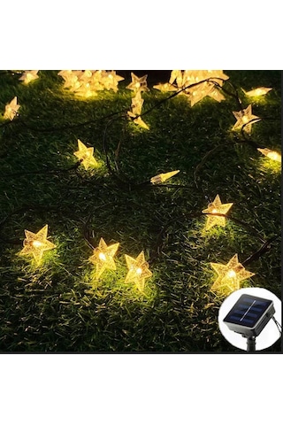 7 Metre 30 Yıldız Güneş Enerjili Solar Led Işık Dış Mekan Su Geçirmez Dekoratif Aydınlatma Sarı