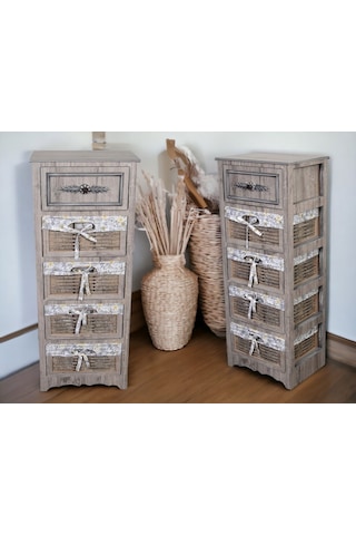 Ahşap 5 Çekmeceli Hasır Görünümlü Sebzelik Rustik