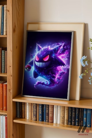 Pokemon Gengar Poster, Siyah Çerçeveli Duvar Tablosu - Anime Severlere Özel Hediye
