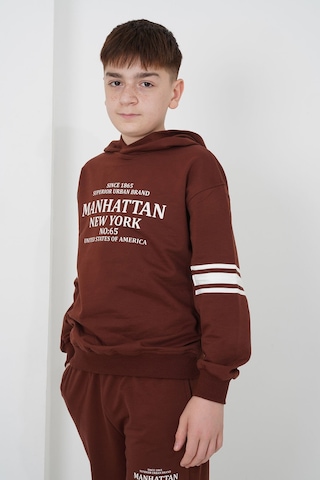 Haykids Erkek Çocuk İki İplik Kumaş Kapüşonlu Baskılı Eşofman Takımı Kahverengi